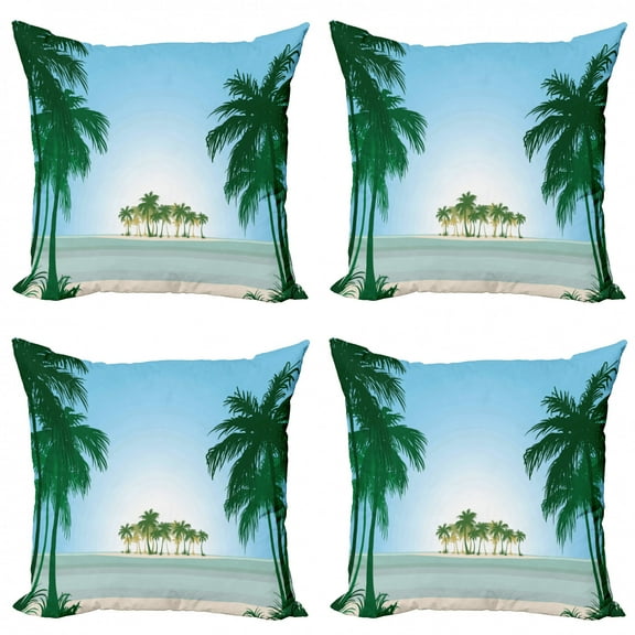 Tropical Throw Pillow Cushion Case Pack of 4, Beach Island with Exotic Palm Trees Under Sunrays Hawaiian Coast, Modern Accent Double-Sided Print, 4 Sizes, Azure Blue Green, by Ambesonne