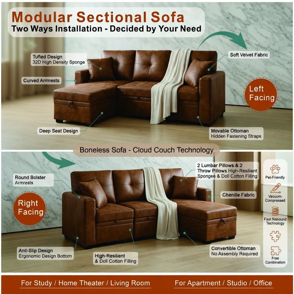 Hommoo Convertible Sectional Sleeper Sofa with Pull-Out Bed, Reversible Chaise & Hidden Storage, L-Shaped Modern Living Room Sofa Bed for Small Spaces, Light Brown