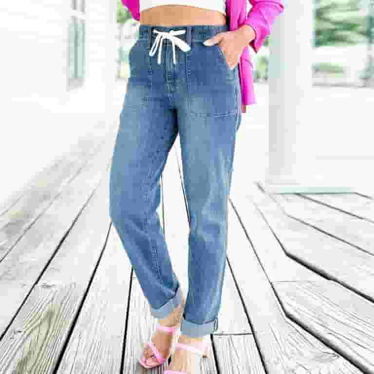 AherBiu Women Denim Pants Drawstring Elastic Waist Straight AherBiu Women Denim Pants Drawstring Elastic Waist Straight