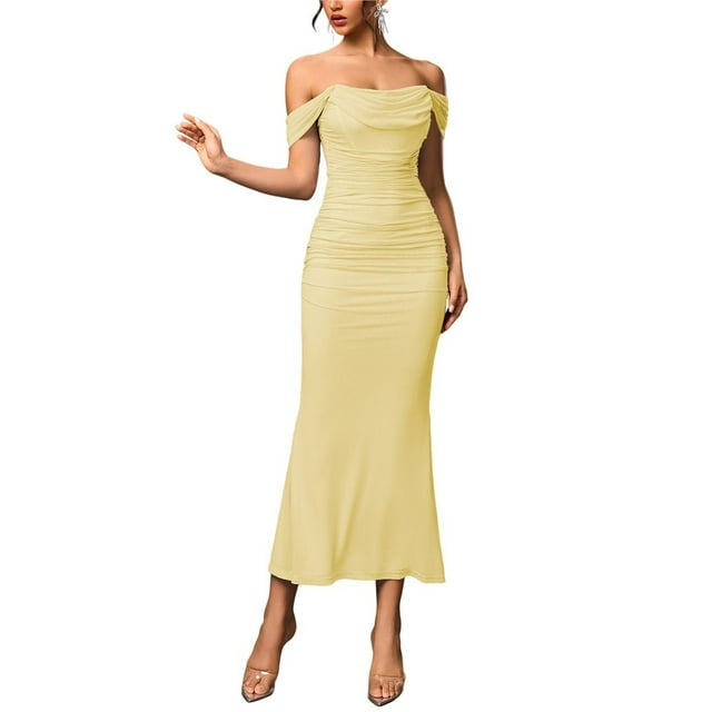 Vestido Maxi con Hombros Descubiertos, Corsé Fruncido, Ajustado, Vestidos Formales para Invitadas de Boda para Mujeres Amarillo L