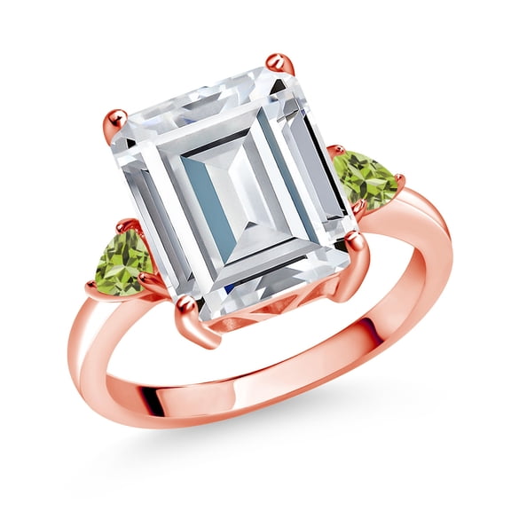 Gem Stone King 18K Rose Gold Plated Silver Green Peridot Ring Set with Moissanite (7.74 Cttw) (Size 6)