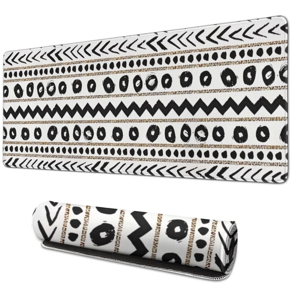 Long Mouse Pads for Desk,White Geometric Zigzag Circle Pattern Desk Mats on Top Of Desks, Desk Mouse Pad Extra Large with 3mm Non-Slip Base and Stitched Edge for Gaming,Office,Work,Home 31.5"x11.8"