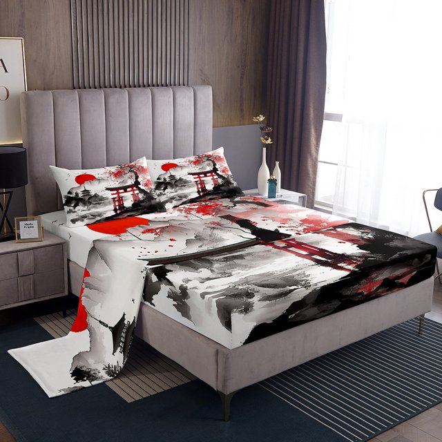 Erosebridal Japanese-Style Full Sheet Sets, Red Maple Tree Bedding Full Size, Watercolor Ink Decor 4pcs