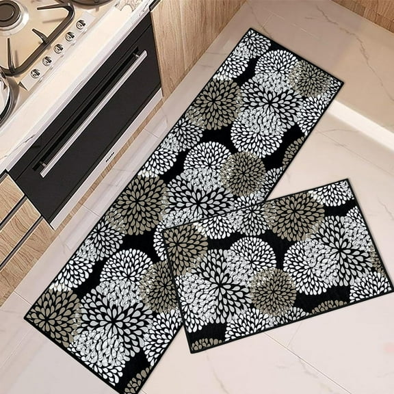 Floral Kitchen Rugs and Mats Non Skid Washable Set of 2, Black White Kitchen Mats for Floor, Flowers Kitchen Runner Rug, Modern Abstract Kitchen Decor