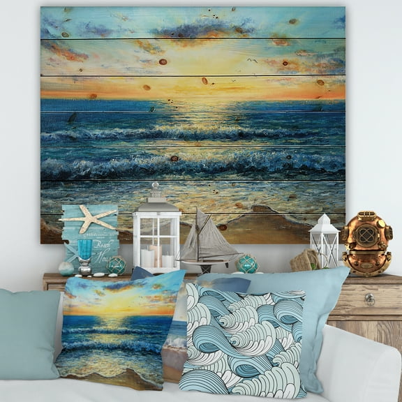 Designart 'Sunrise Glow On The Ocean Waves I' Nautical & Coastal Print on Natural Pine Wood