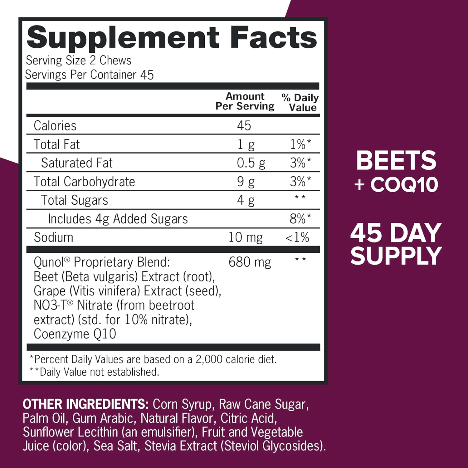Qunol Beets Chews for Blood Pressure Support, 3 in 1 Beets + CoQ10 + Grape Seed Extract, 90 Chews