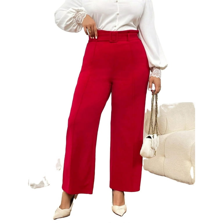 Elegant Plain Wide Leg Red Plus Size Pants