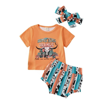 

Kids Infant Baby Girls Clothes Short Sleeve Bull Print Tops Shorts Outfits Headband Orange 18-24 Months