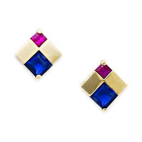 14k Yellow Gold Blue and Red Cubic Zirconia Kite Shaped Screw-Back Earrings - Measures 10x9mm