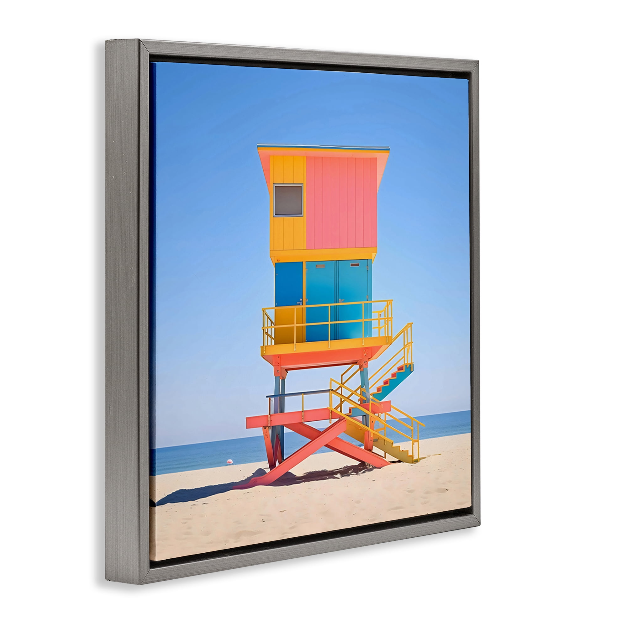 Stupell Industries Deco Lifeguard Tower on Beach Gray Framed Floater Canvas Wall Art, design by Creative Studio