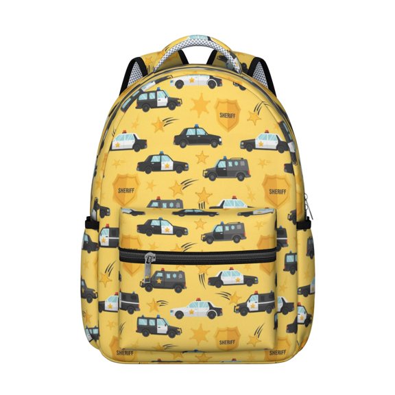 Police and Sheriff Yellow Pattern Backpack for School, Cute School Bag with Adjustable Shoulder Straps and Padded Back, 15.3"x11"x7.1"