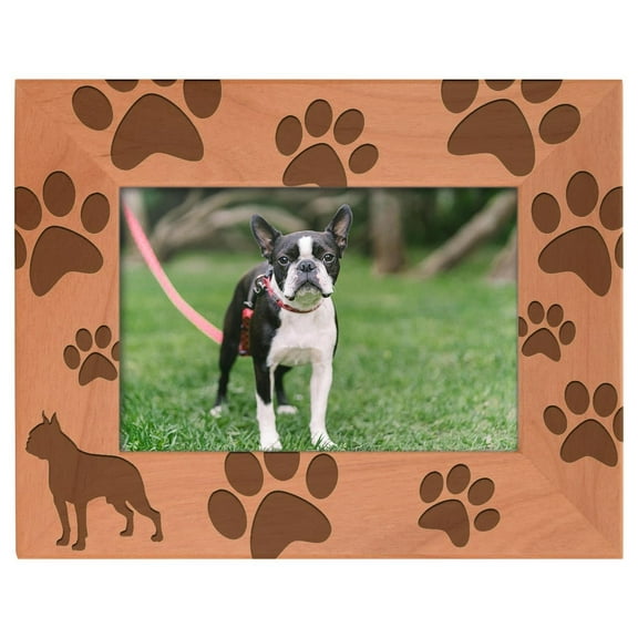 ThisWear Gifts For All By Rachel Olevia Dog Lover Gift Boston Terrier Paw Prints Natural Wood Engraved 4x6 Landscape Picture Frame Wood