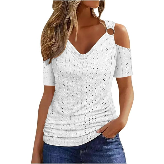 fatyb Cold Shoulder Tops for Women Short Sleeve Eyelet Shirts V Neck Hollow out Casual Blouses Summer