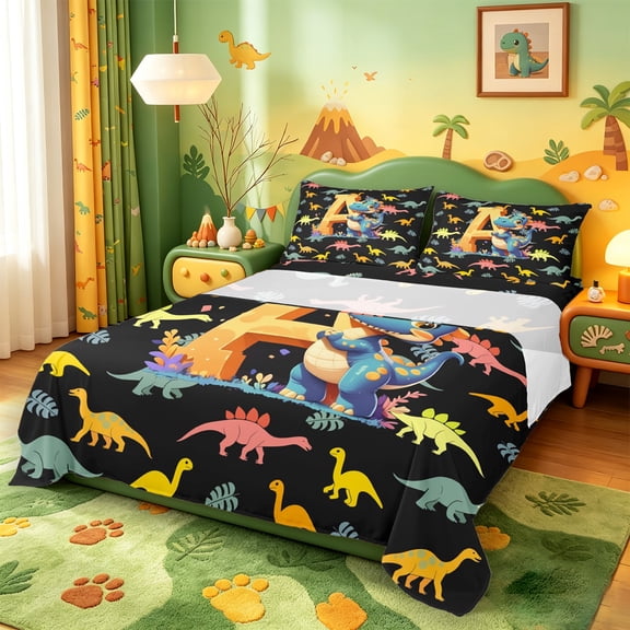 Manfei Monogrammed A Twin Sheet Sets,Zoo Animal Dinosaur Twin Fitted Sheet,Black Yellow Flat Sheet,Microfiber Room Decorative,3pcs