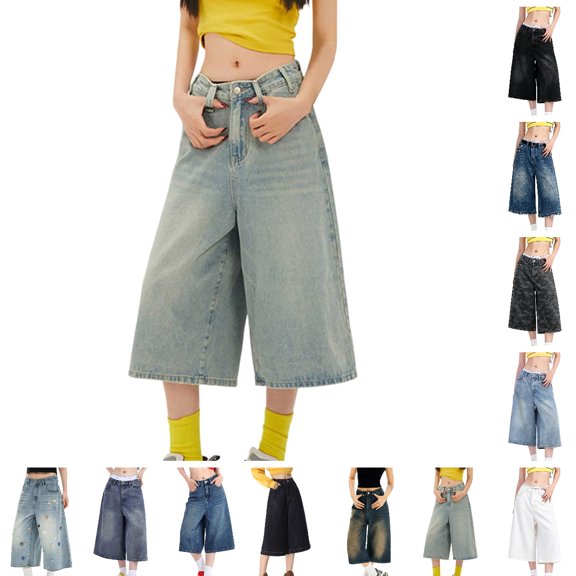 Bmisegm Jean Pants for Women Cropped Wide Leg Comfortable Loose Fit Denim Trousers Spring Fall Womens Capri Pants Light Blue_002 S