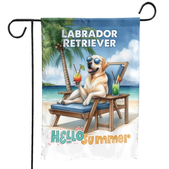 Labrador Retriever Hello Summer Beach Theme with Sunglasses and Tropical Cocktail Garden Flag 12x18in Double Sided Lab Dog Lover Gifts Outdoor Decor - 00009