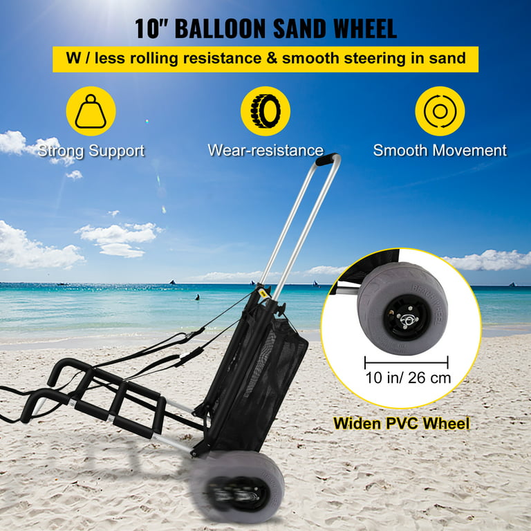 VEVOR Beach CartsA for The Sand, w/ 10 PVC Balloon Wheels, 165lbs Loading Capacity Folding Sand Cart and 31.1'' to 49.6'' Adjustable Height, Heavy