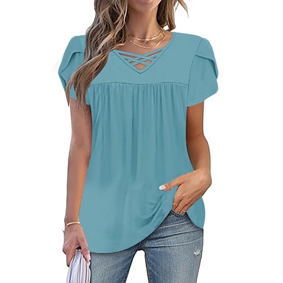 XUNKUSGA Womens Tops Fashion V Neck Front Criss Cross Blouses for Women Cute Petal Short Sleeve Going Out Tops Flowy Pleated Women's Tunics Casual Soild Color Womens Blouses S-3XL Blue