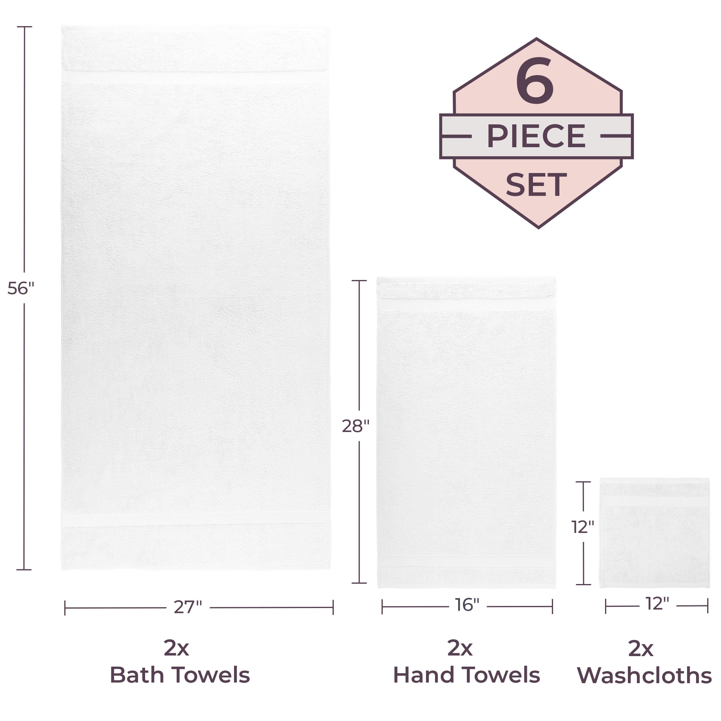 Lavish Home 6 Piece Cotton Towel Set with 2 Bath Sheets, 2 Hand Towels, and 2 Wash Cloths (White)