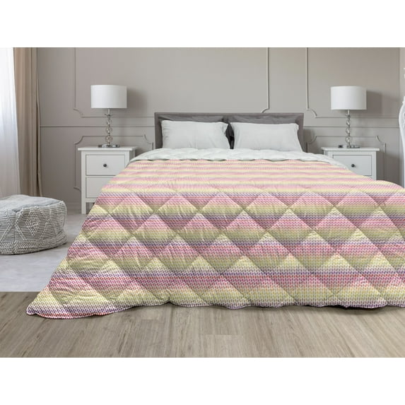 Geometrical Down Alternative Comforter, Hand Drawn Like Intricate Squares Inspired Repetitive Cheery Pattern, Microfiber Quilt for All Season, 5 Sizes, Dark Coral and Blue, by Ambesonne