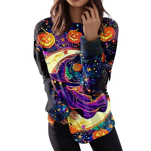 Blusa de algodón con cuello redondo y manga larga para mujer, estilo informal, con estampado a la moda, cuello redondo
