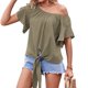 thumbnail image 3 of Mujeres Top redondo Masajeadores de cuello corto ruffle mangas tie hem Loose casual cómodo verano camiseta para fecha trabajo diario OD verde M, 3 of 5