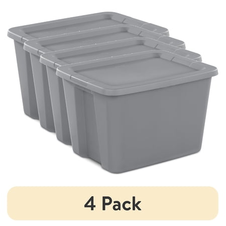 (4 pack) Sterilite 18 Gallon Large Storage Bin Plastic Storage Container with Snap-On Lid Gray