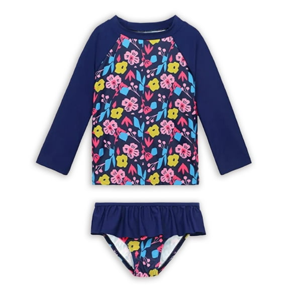 URMAIC Toddler Little Girls Long Sleeve Rash Guard with Bikini Bottoms Two Pieces Swimsuit