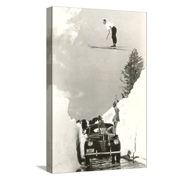 Art.com Sun Valley, Idaho, Ski Jumper Over Car Stretched Canvas Print Wall Art, 12" x 18"