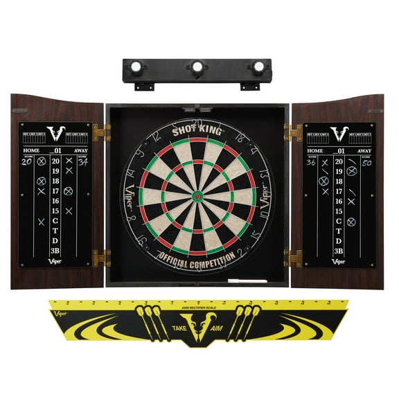 Viper Vault Sisal/Bristle Steel Tip Dartboard & Cabinet Bundle: Premium Set (Shot King Dartboard, Darts, Shadow Buster and Throw Line)