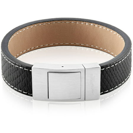 Crucible Brushed Stainless Steel Textured Black Leather Bracelet (17mm), 8.5