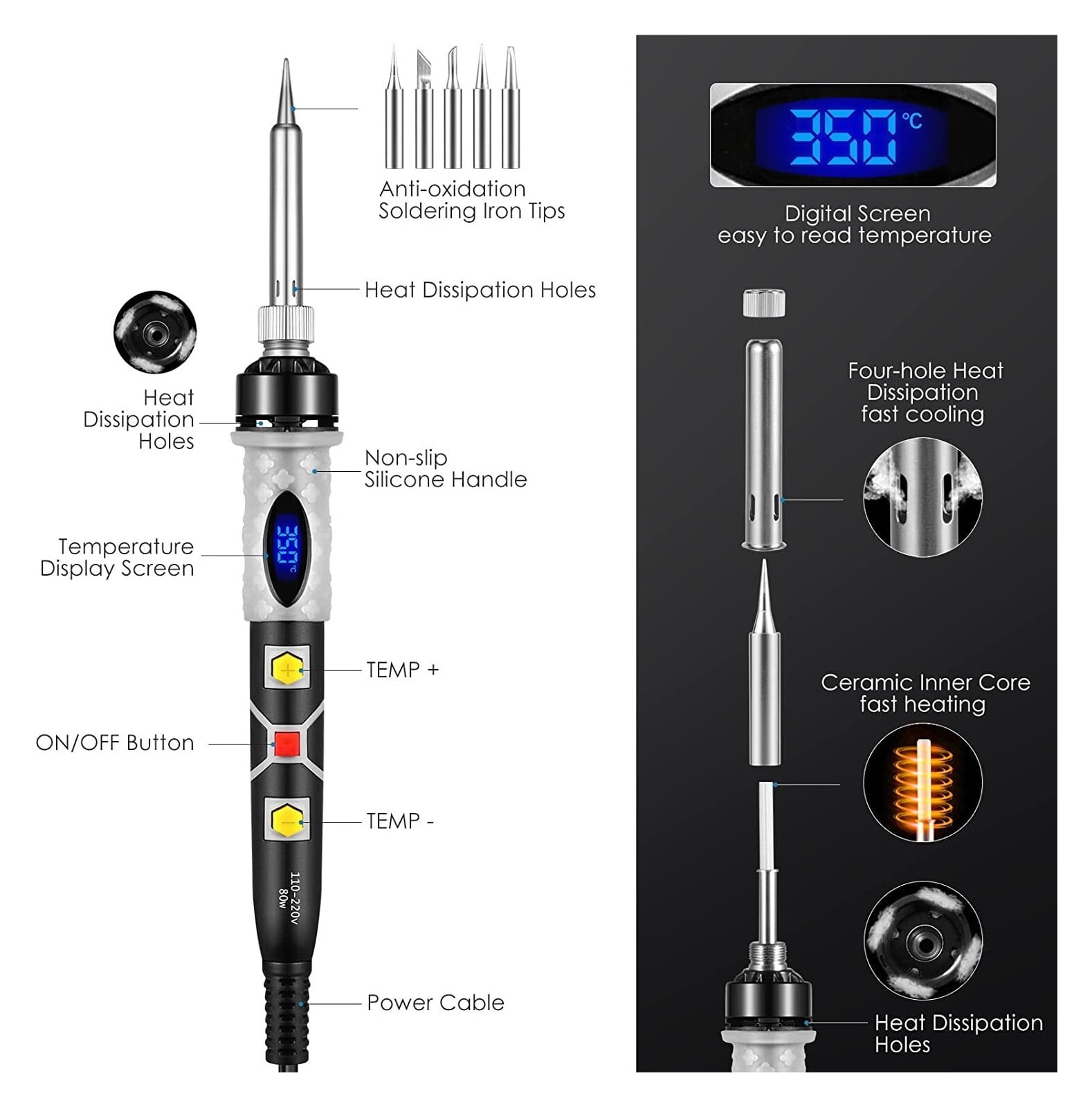 Adjustable Temperature Digital Electric Soldering Iron, 80W Welding Solder Rework Station Heat Pencil Tips Repair Tool,Welding tools