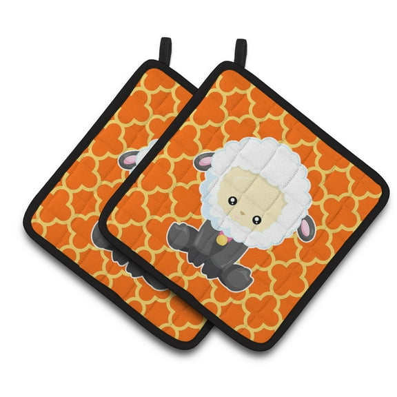 Sheep on Orange Quatrafoil Pair of Pot Holders