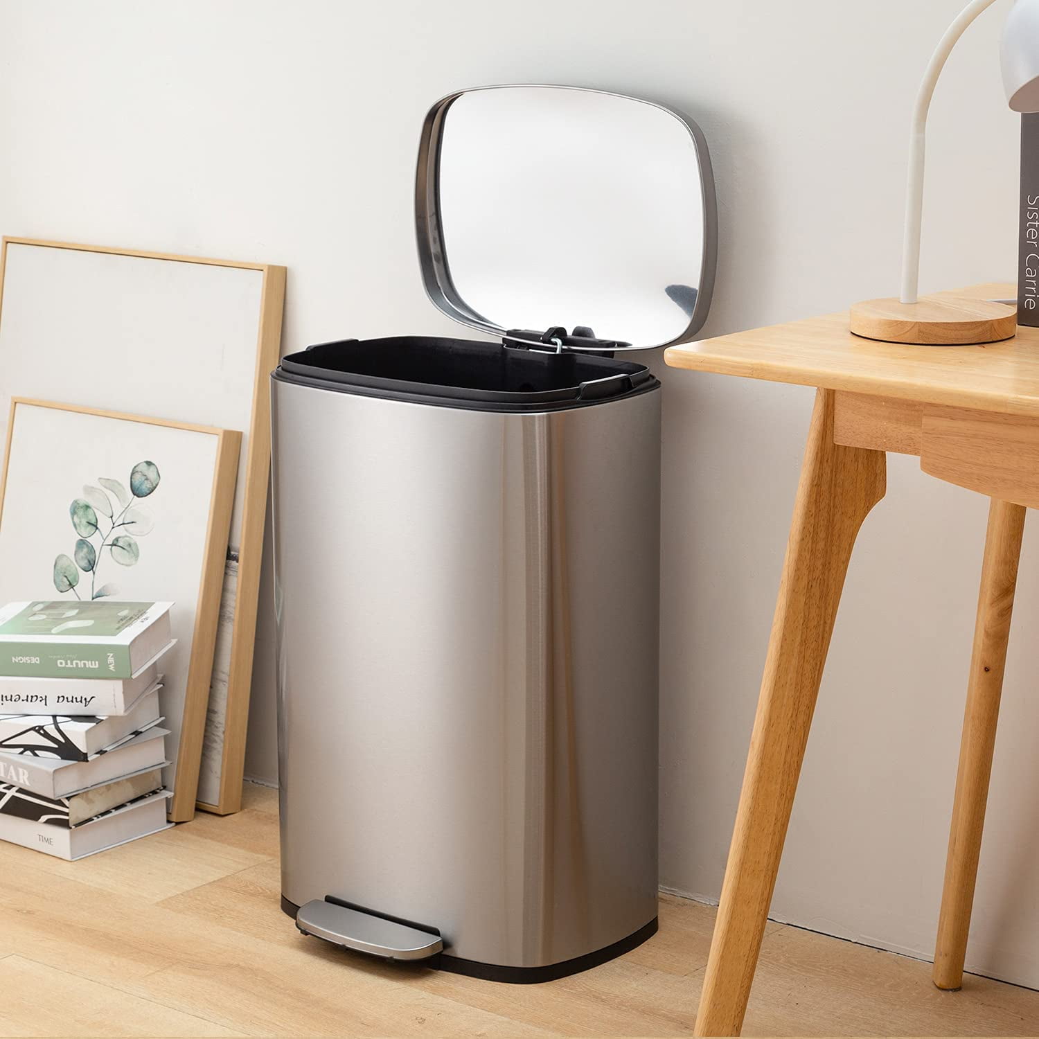 13 Gallon/50 L Garbage Can Kitchen Trash Can with Lid Stainless Steel Trash Bin for Office Bedroom Bathroom, Sliver