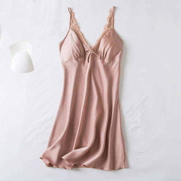 Voncos Satin Nightgown for Women - Silky Lace Trim V-Neck Spaghetti Strap Slip Sleep Dress with Bow, Lightweight Comfortable Sleep & Loungewear Pink L