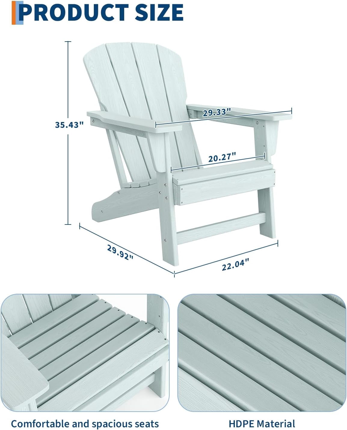 Outdoor Adirondack Chairs, HDPE Plastic Patio Chairs for All Weather, Weather-Resistant Fire Pit Chair with Wide Armrests & Slatted Back, for Patio, Deck, Lawn, Light Biue