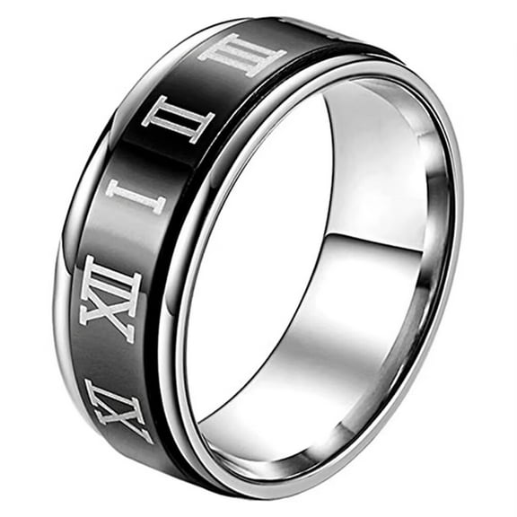 HIJONES Men's Women's Stainless Steel Classic Roman Numberal Worry Ratotable Wedding Ring Turnable Index Finger Band Black Size 6
