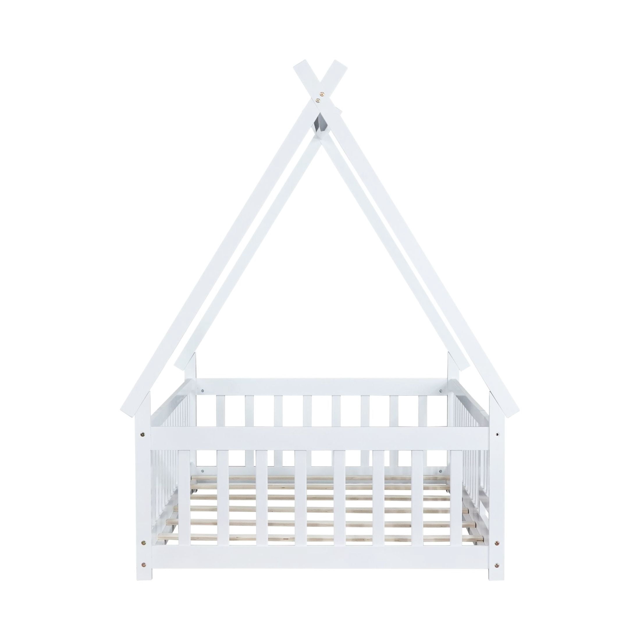 Noble House Misty Twin Teepee Floor Bed with Safety Fence and Door, Solid Rubber Wood Tent Bed, Kid's Room, White