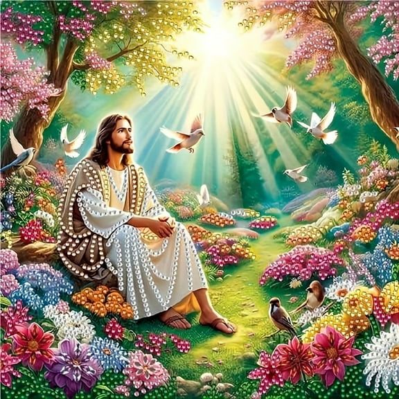 Christmas Jesus Diamond Art Kits for Adult, Special Shape 5D Diamond Painting Kits for Beginners, DIY Full Drill Round Frose Pigeon Diamond Dot Gem Art Kits for Home Decor 12 X 12 Inch