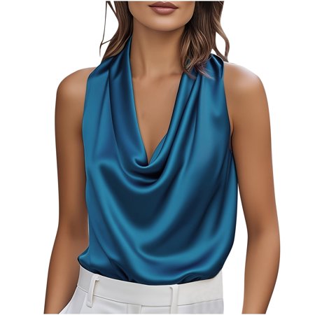 Women Silk Satin Tank Tops Lapel V Neck Dressy Casual Sleeveless Blouses Spring Summer Business Work Shirts