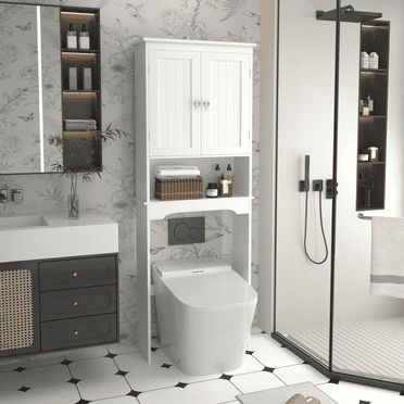 Yoneston Over The Toilet Storage Cabinet with Adjustable Shelves, Wood Bathroom Space Saver with Door, White