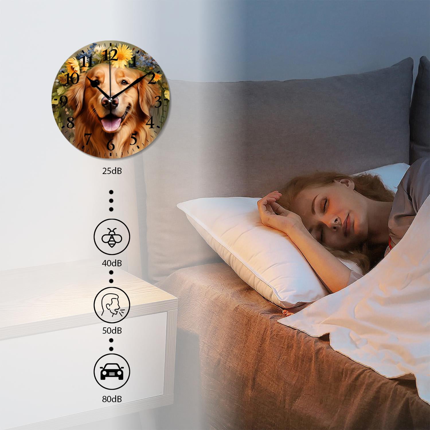 Round Analog Wall Clocks Non-Ticking Silent Clock Battery Operated Clcoks Decorative for Living Room-Golden Retriever Dog Beautiful Wreath Elegant(10inch)