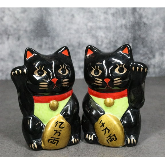 Black Lucky Fortune Japanese Maneki Neko Cats Ceramic Salt Pepper Shakers Set