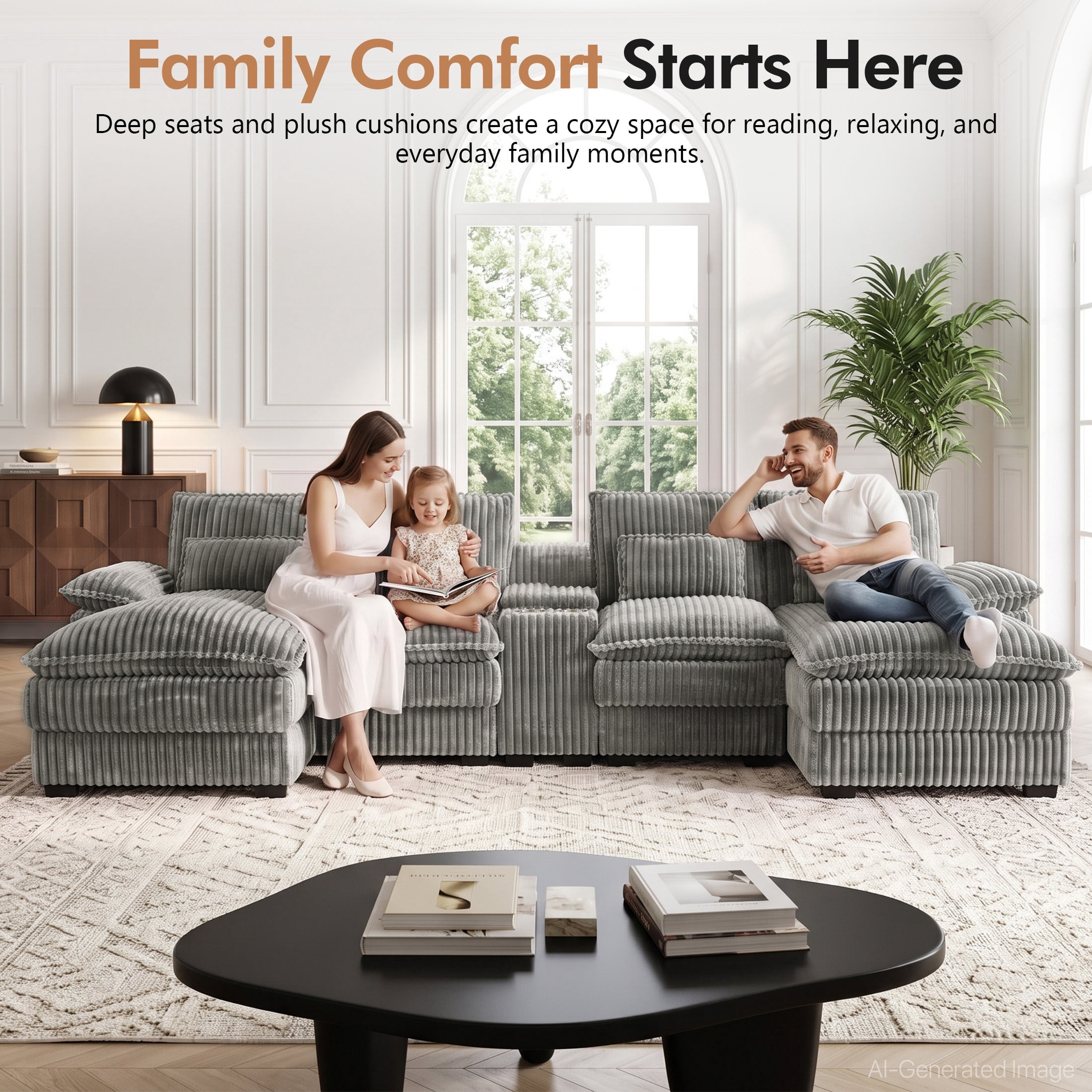 Aenkyo 125 Inch Chenille U-Shaped Sectional Sofa with Console and USB Ports, Light Gray