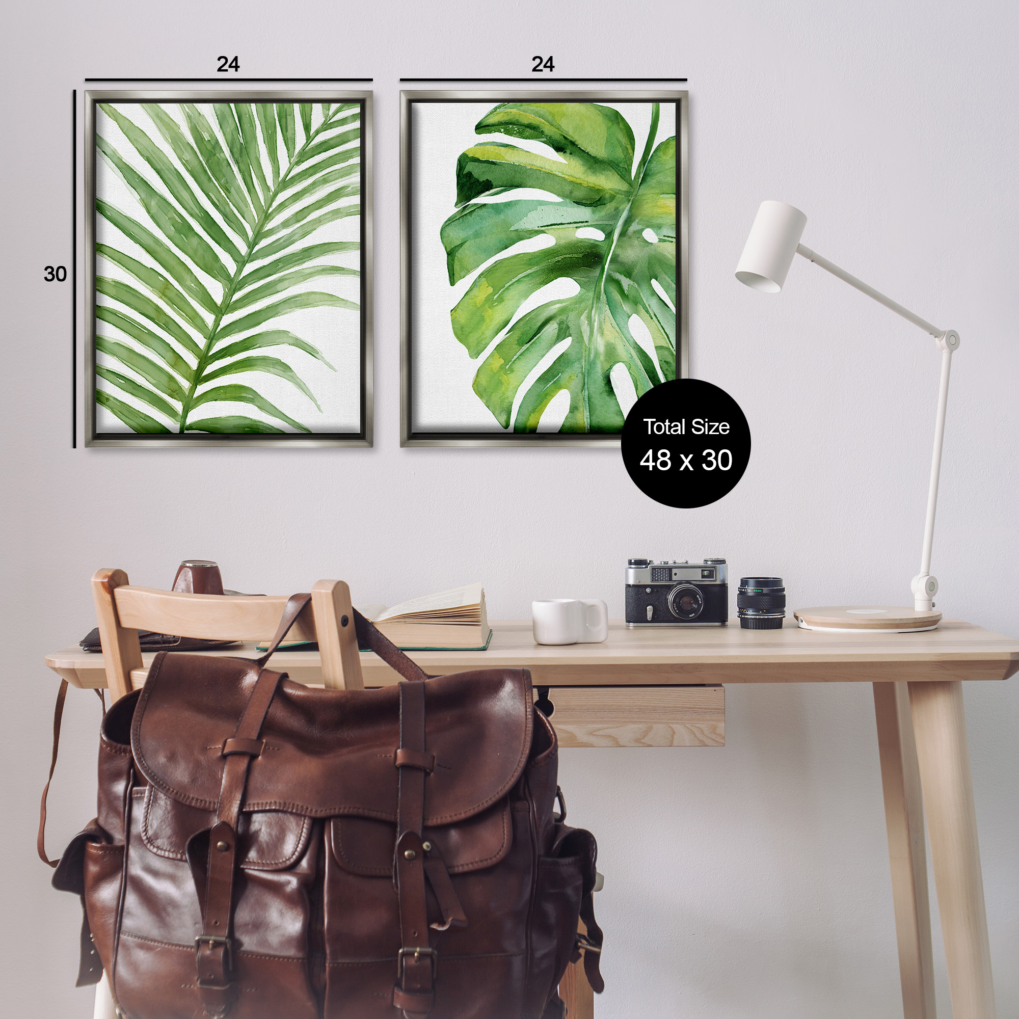 Stupell Industries Minimal Tropical Green Palms Botanical & Floral Painting Gray Floater Framed Canvas Art Print Wall Art, 25 x 31, Set of 2