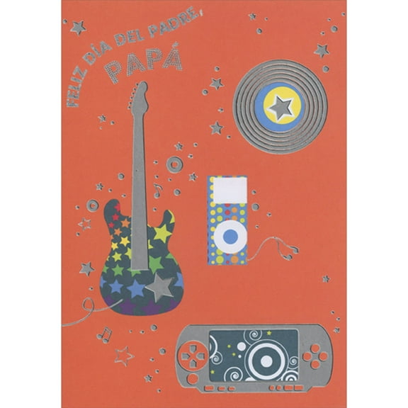 Designer Greetings Silver Foil Guitar, Record and Game Controller on Orange Spanish Father's Day Card for Dad