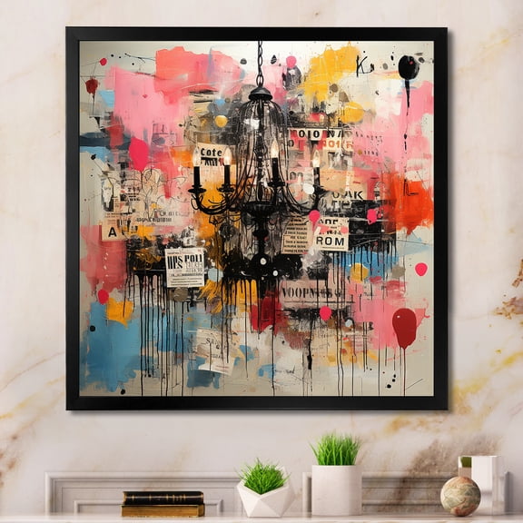 Designart "Pink Chandelier in Pop Art Style II" Fashion Framed Wall Art Decor - Glam Pink Chandelier Living Room Framed Canvas Art