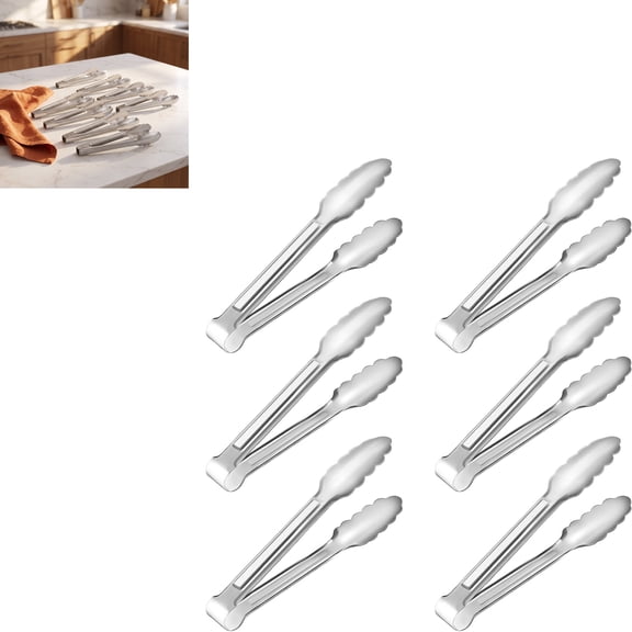 Small Serving Tongs 6 Pack 7 Inch Stainless Steel Kitchen Tongs for Buffet Party Salad BBQ Silver