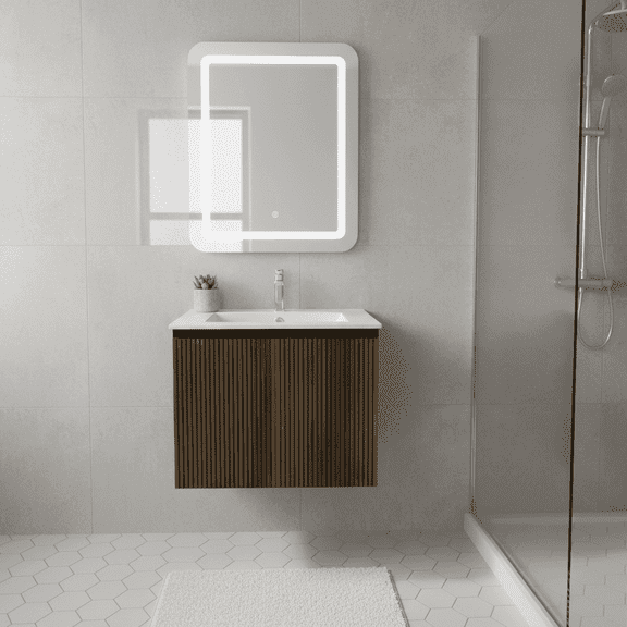 Goodyo 24 in Bathroom Vanity, Wall-mounted Sink Cabinet Combo, Floating Ample Storage, Towel Rack, Walnut Deep No Faucet Drain