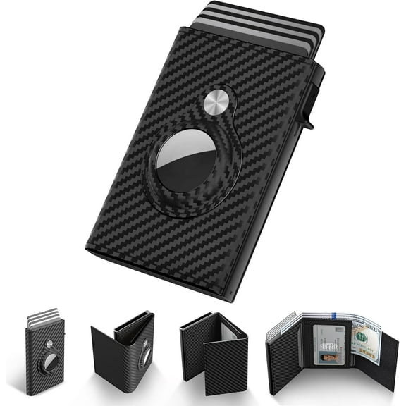 Mens Smart Wallet Card Holder for AirTag: Leather, Compatible with Apple Air Tag, RFID Blocking, Slim, Carbon Fiber, Minimalist - 9-14 Card Capacity | ID Window | Cash Slot (Black)